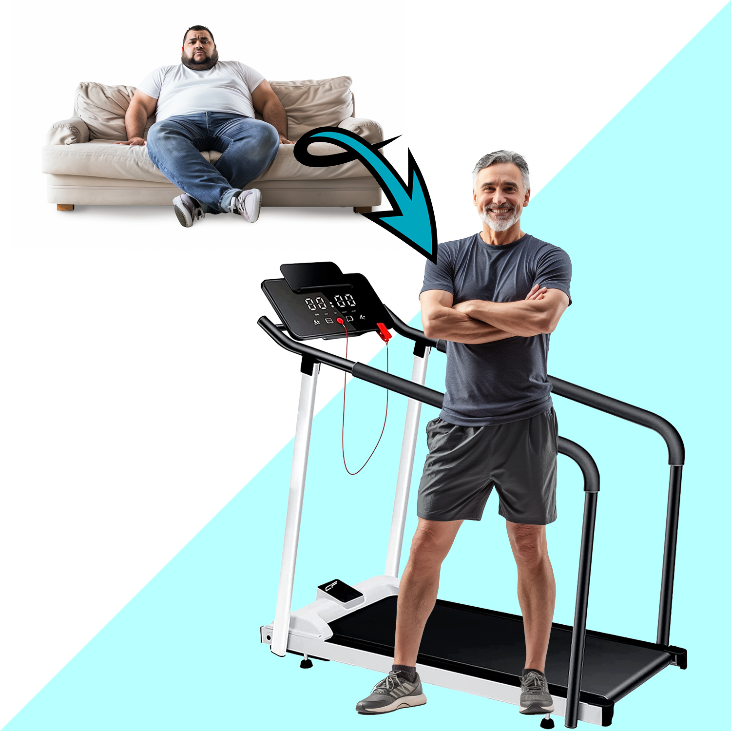 Ein übergewichtiger Mann auf einem Sofa verwandelt sich durch ein Laufband in eine fitere, ältere Version.