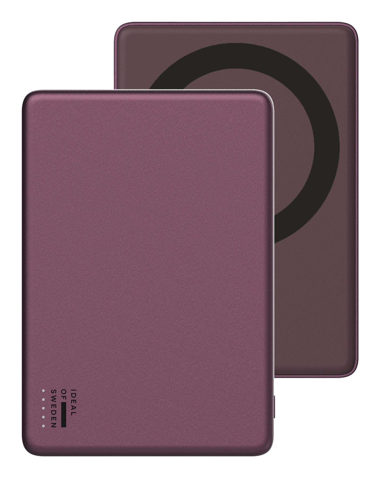 Deux batteries externes mauves, une face avant avec logo et lumières, une face arrière avec un cercle noir.