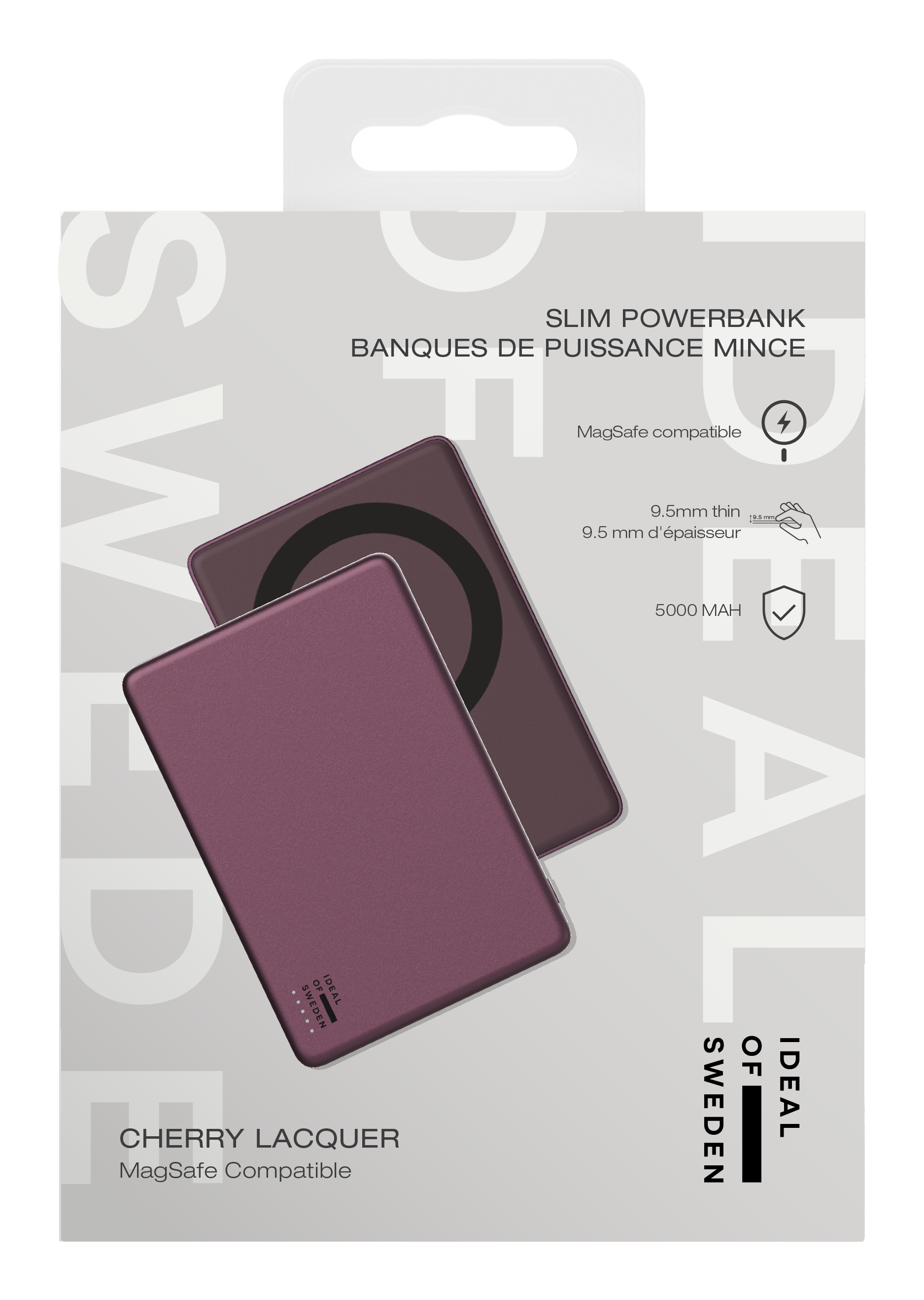 Emballage pour powerbank fine cherry lacquer, compatible MagSafe, avec caractéristiques sur fond clair.