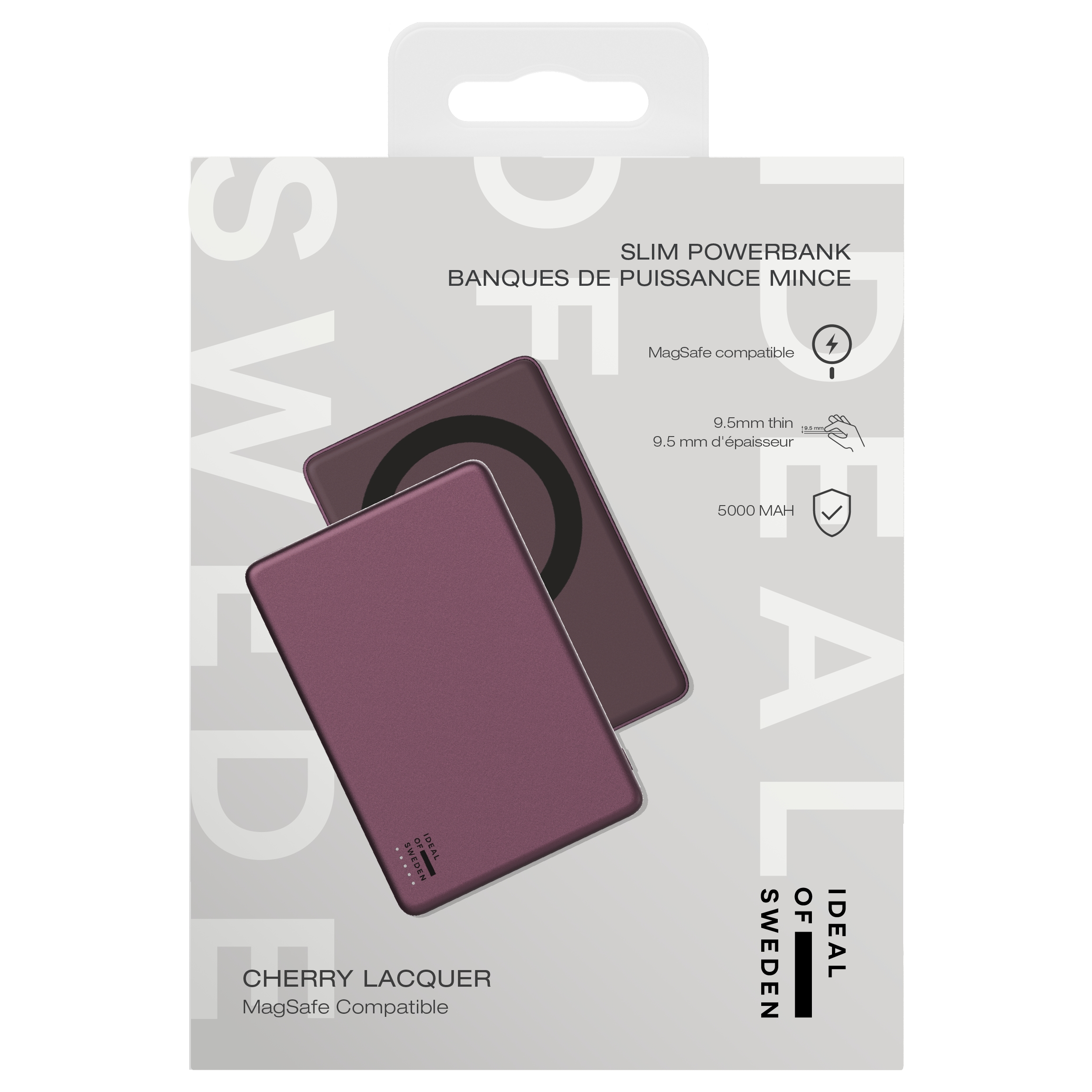Emballage d'une batterie externe fine en laque cerise, compatible MagSafe et 5000 mAh.