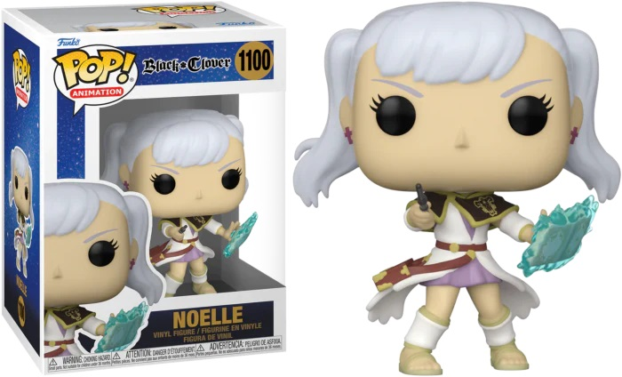 Noelle Funko Pop-Figur mit weißem Haar und magischem Schild neben ihrer Originalverpackung.