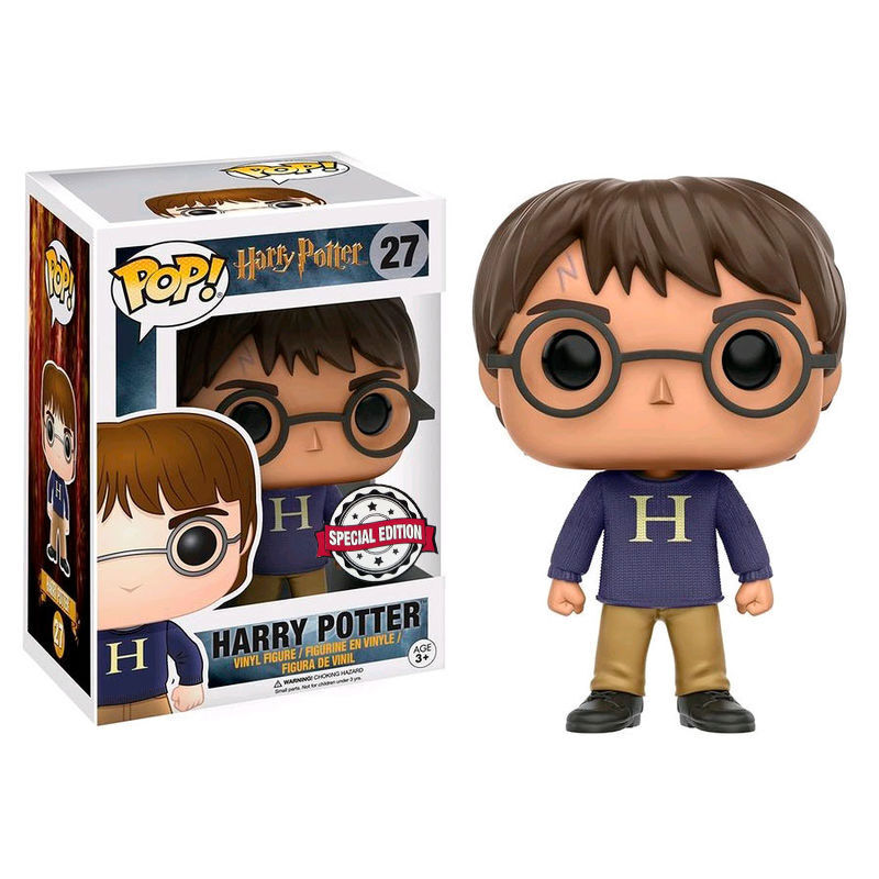 Harry Potter Funko Pop Figur mit Brille und blauem Pullover mit gelbem H daneben, in OVP.