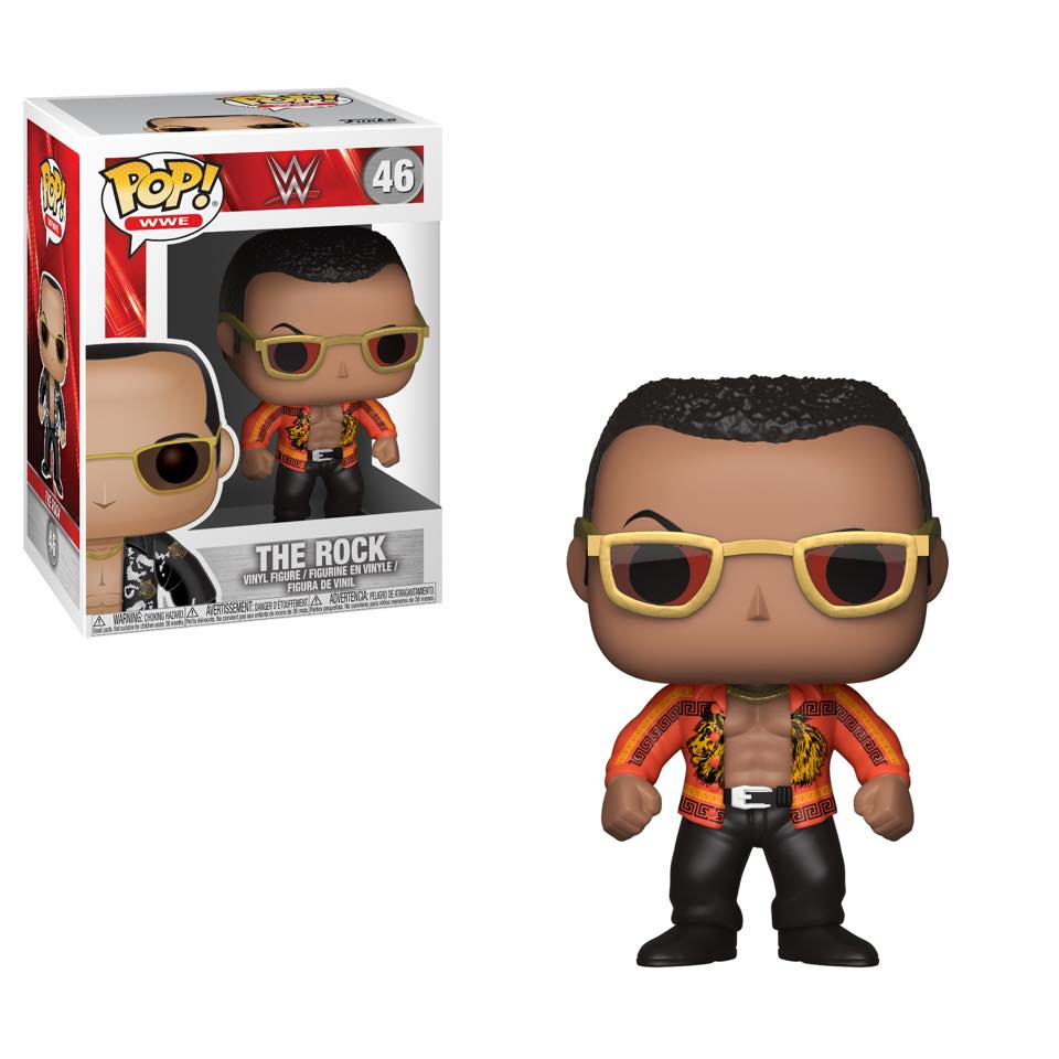 Funko Pop WWE Figur von The Rock mit Sonnenbrille und gemustertem Hemd, daneben die Originalverpackung.