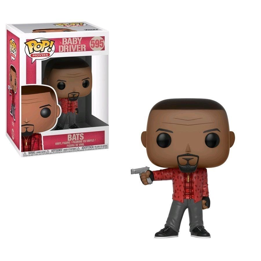 Pop! Vinyl Figur Nr. 595 von Bats aus Baby Driver, mit rotem Hemd, grauen Hosen und Pistole, daneben die Box.