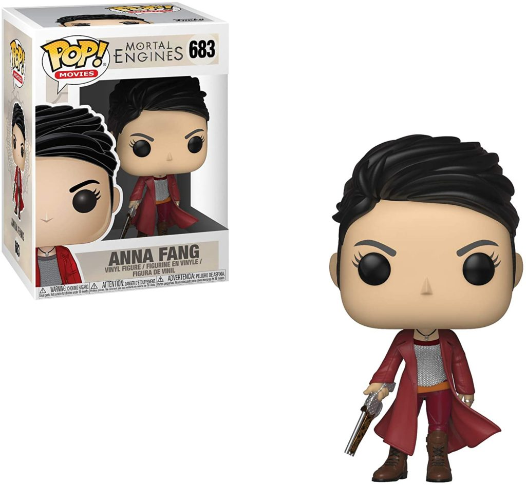 Anna Fang Funko Pop Vinyl-Figur im roten Mantel mit Waffe, neben ihrer Sammlerbox.