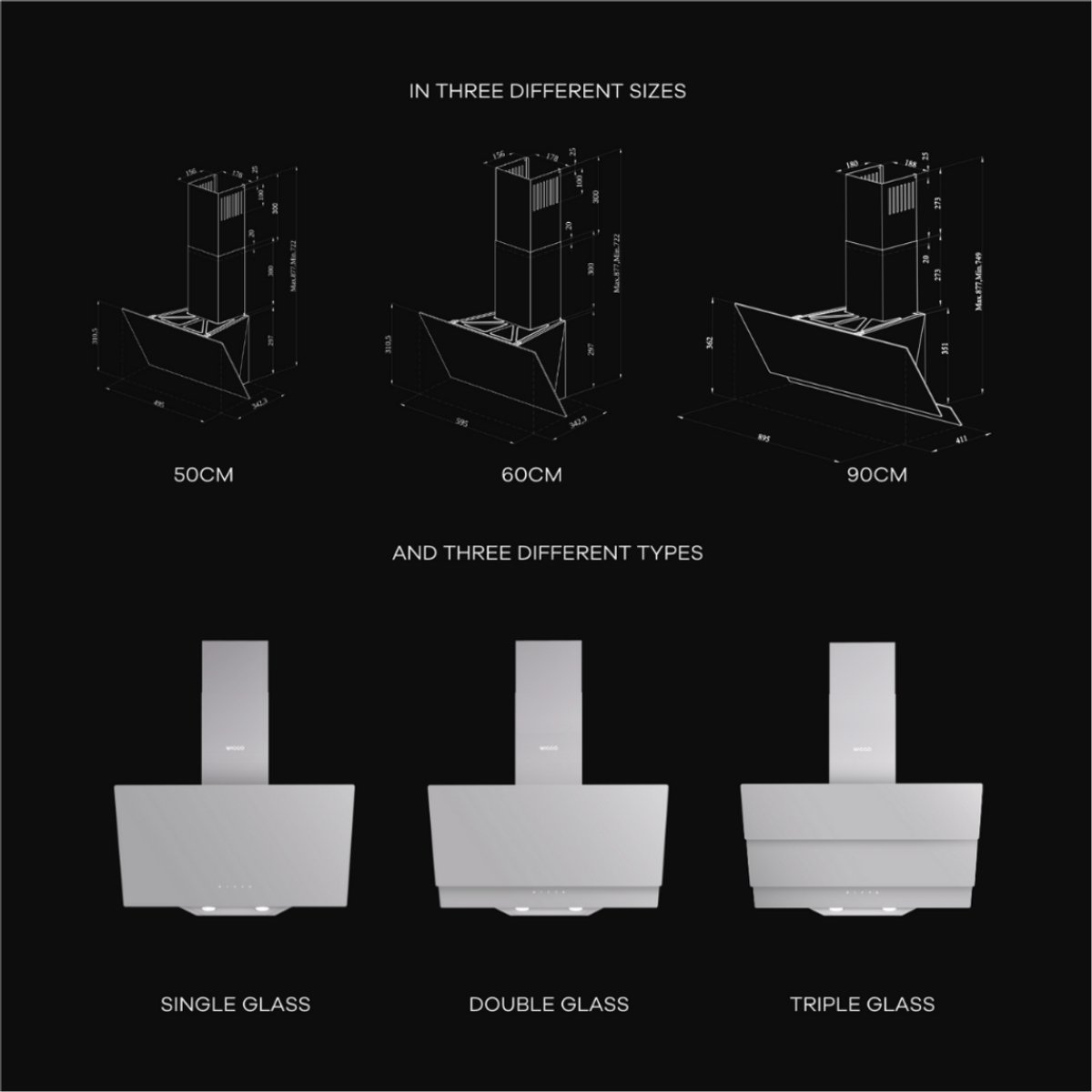 Technical drawing of three extractor hood sizes and three glass types on a black background.