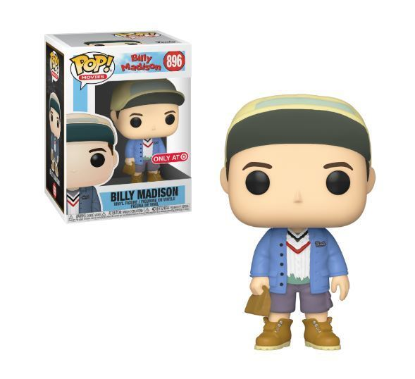 Billy Madison Funko Pop Figur mit Verpackung, trägt eine Baseballkappe, eine blaue Jacke und braune Stiefel.