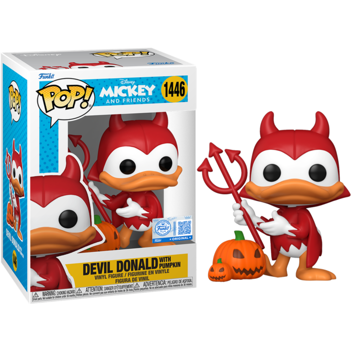 Figura Funko Pop de Donald como diablo con calabaza en caja y al lado.