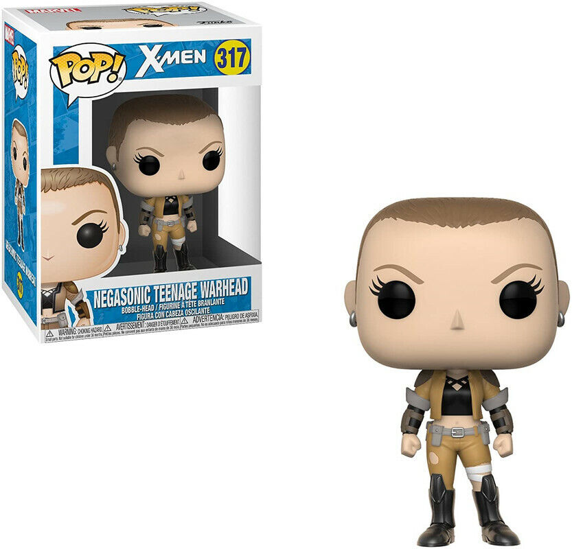 Negasonic Teenage Warhead Funko Pop Figur mit Schachtel, kurzem braunen Haar und taktischer Kleidung.