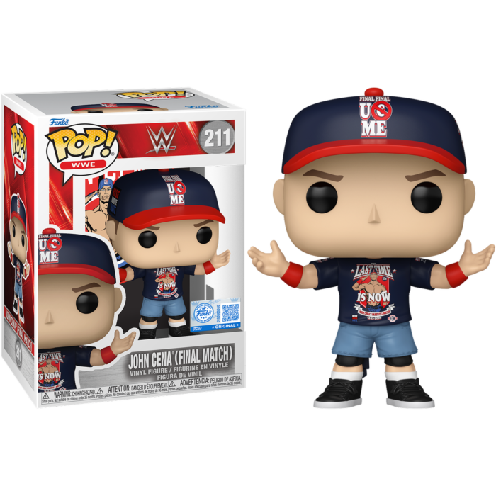 John Cena Funko Pop Figur neben ihrer Schachtel, in blauer Kleidung.