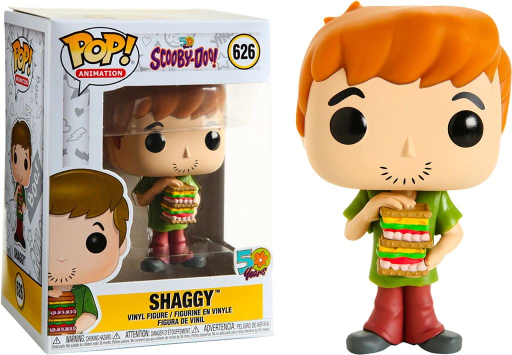 Shaggy Funko Pop Figur mit einem großen Sandwich, gezeigt in und neben der Verpackung.
