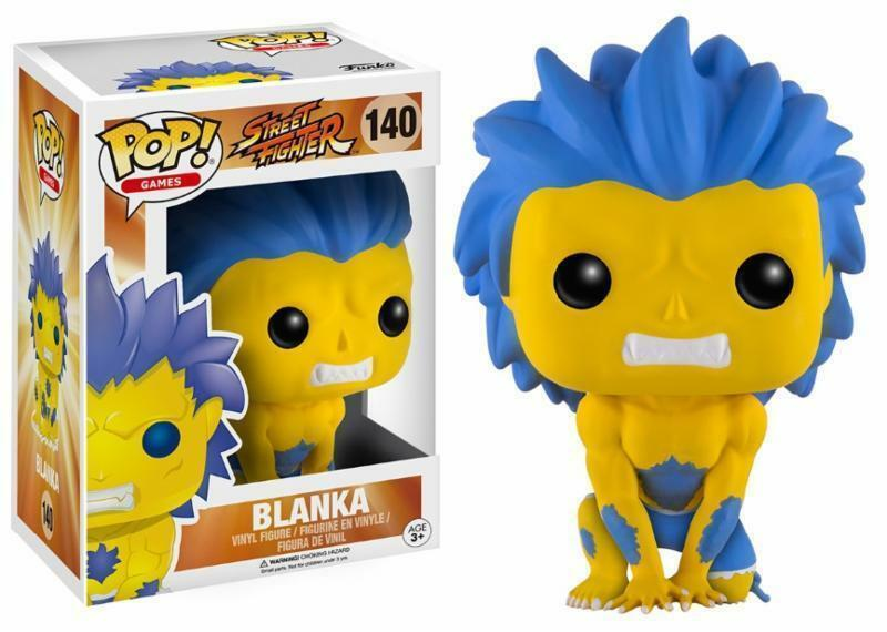 Funko Pop Blanka Figur aus Street Fighter mit gelber Haut und blauen Haaren neben ihrer Verpackung.