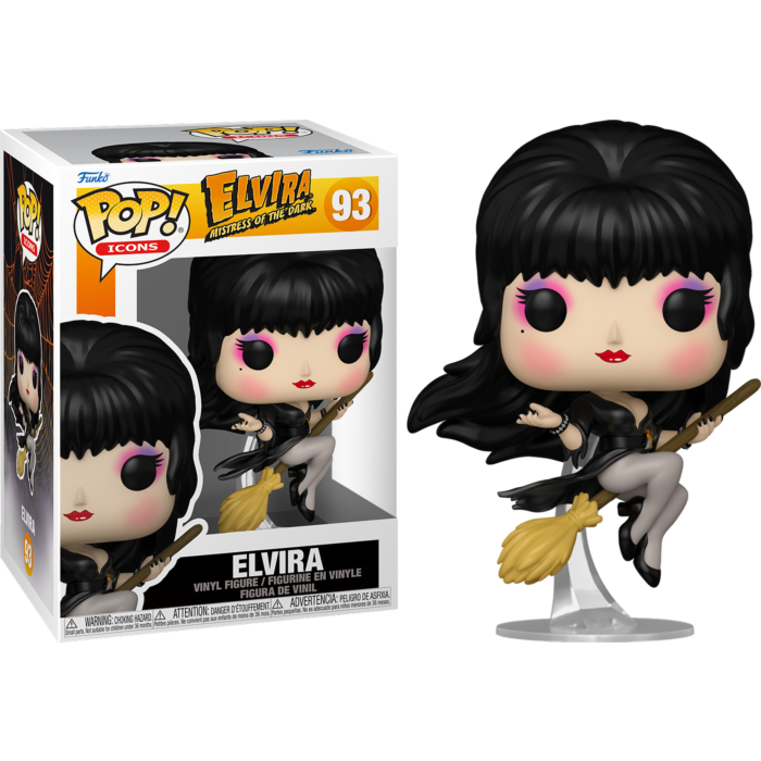 Figura de vinilo Elvira Funko Pop número 93 junto a su caja, montada en una escoba con cabello negro.