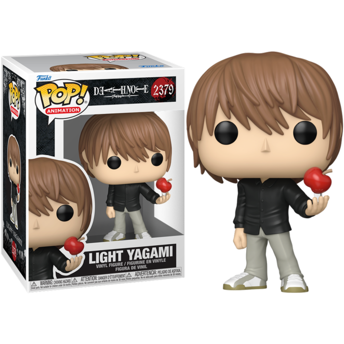 Funko Pop Vinylfigur von Light Yagami aus Death Note, die einen roten Apfel in der Hand hält, neben der Verpackung.