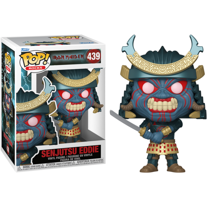 Figura Funko Pop de Senjutsu Eddie en armadura samurai con cara roja y espada, junto a su caja.