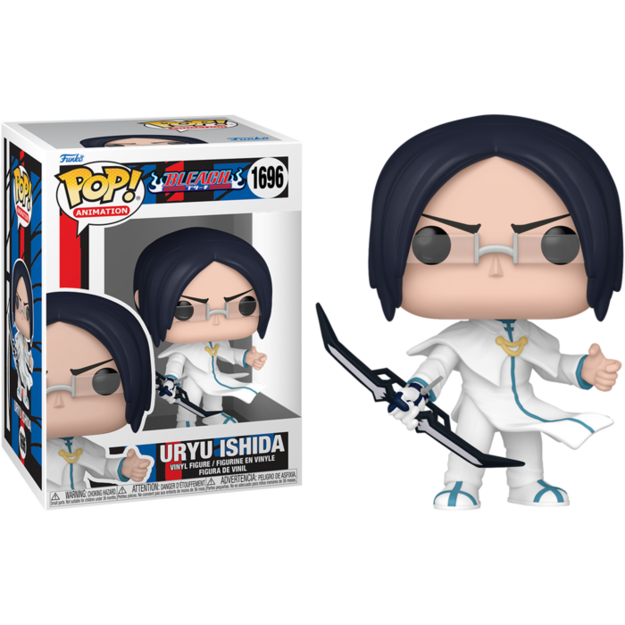Figura Funko Pop de Uryu Ishida con gafas, abrigo blanco y espada negra, junto a su caja.