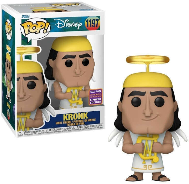 Figura in vinile Funko Pop di Kronk come angelo con un'arpa accanto alla sua scatola.