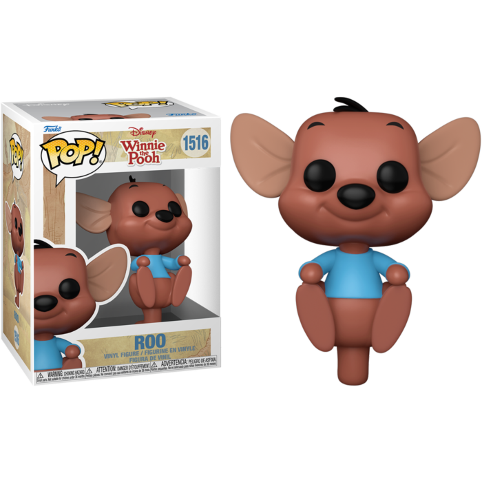 Una figura de vinilo Funko Pop de Roo de Winnie the Pooh en su caja y de pie afuera.