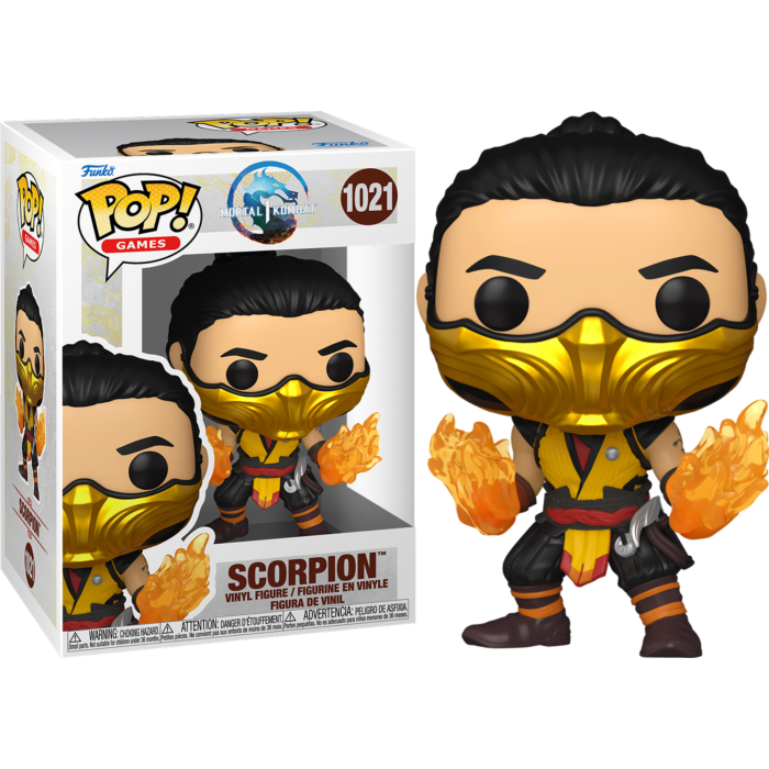 Action figure in vinile Funko Pop di Scorpion con maschera gialla e fuoco nelle mani, accanto alla scatola.