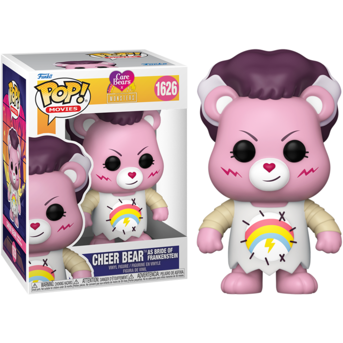 Figura Funko Pop de Cheer Bear de Care Bears como la Novia de Frankenstein junto a su caja.