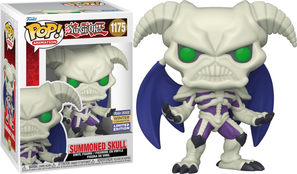 Funko Pop Vinylfigur "Summoned Skull" aus Yu-Gi-Oh! mit großen Hörnern und grünen Augen, neben der Originalverpackung.