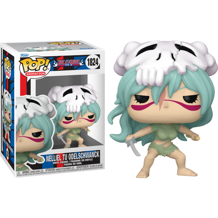 Figura Funko Pop de Nelliel Tu Odelschwanck con cabello verde, casco de calavera y espada junto a su caja.