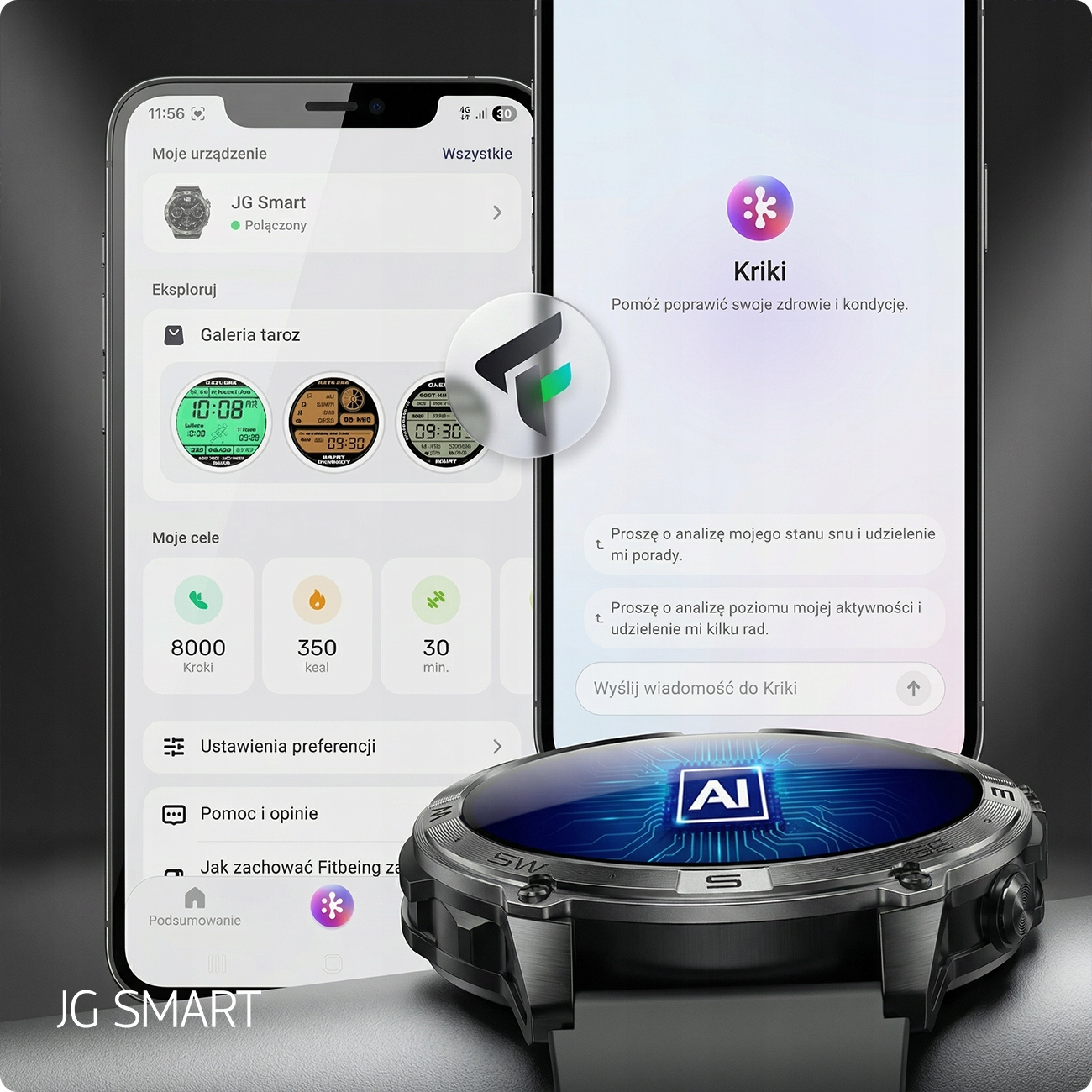 Dwa smartfony i smartwatch pokazują aplikację fitness z funkcjami AI.