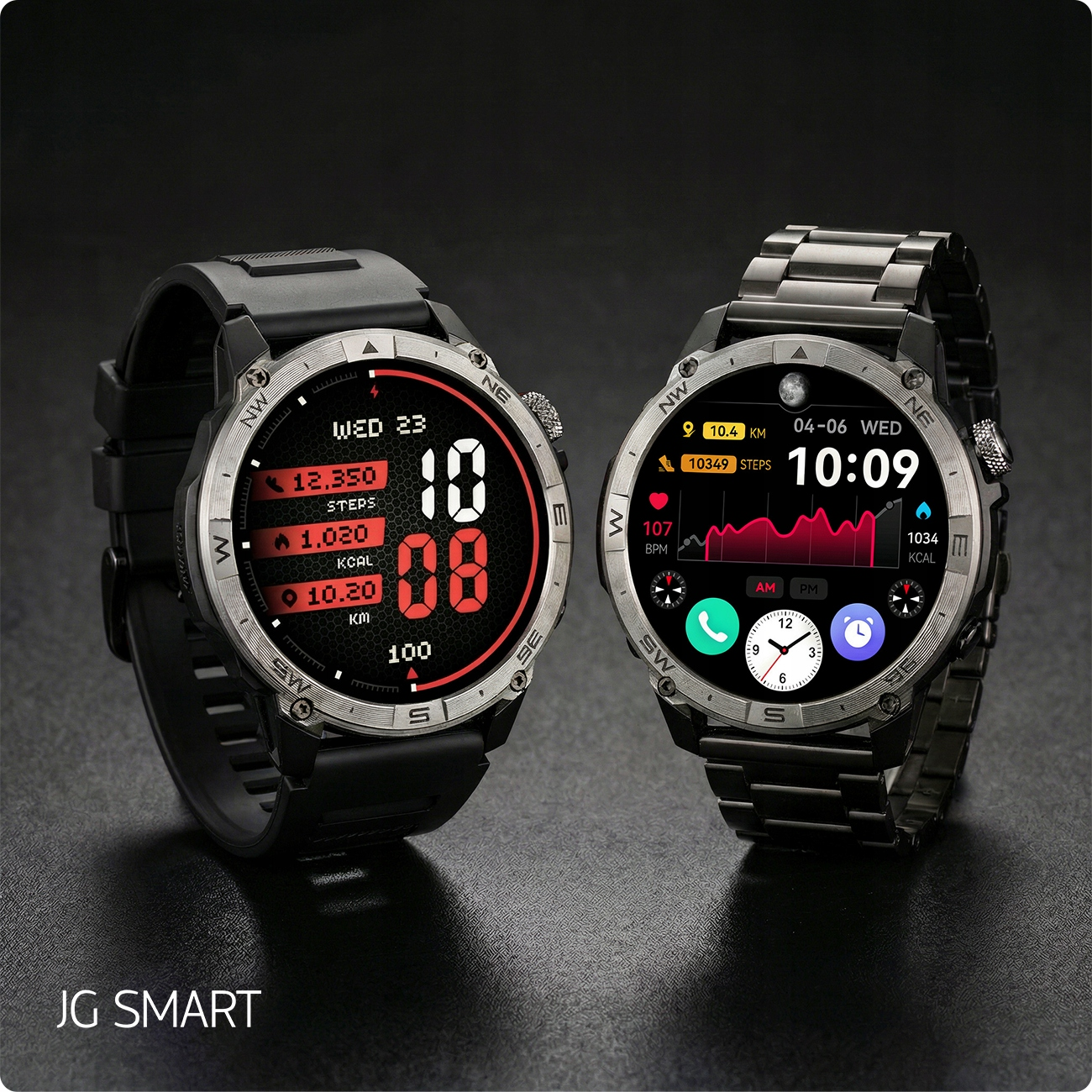 Dwa czarne smartwatch z metalowymi ramkami i cyfrowymi wyświetlaczami stoją na ciemnym tle.