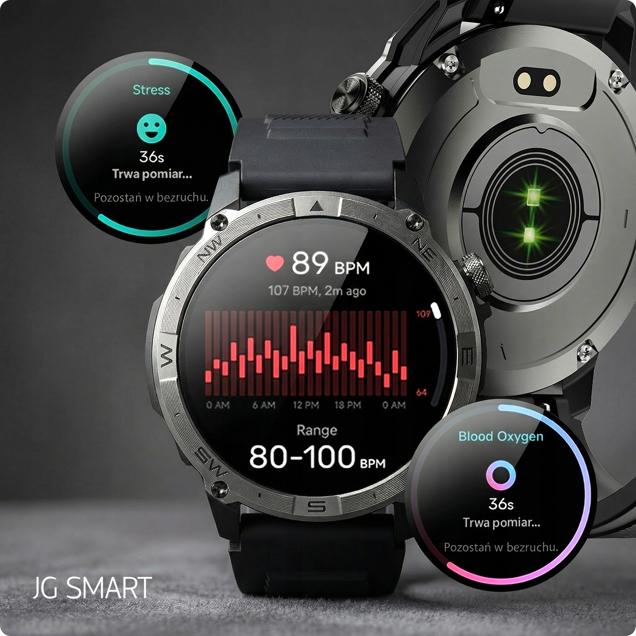Smartwatch pokazuje tętno, poziom stresu i tlen we krwi na różnych ekranach.