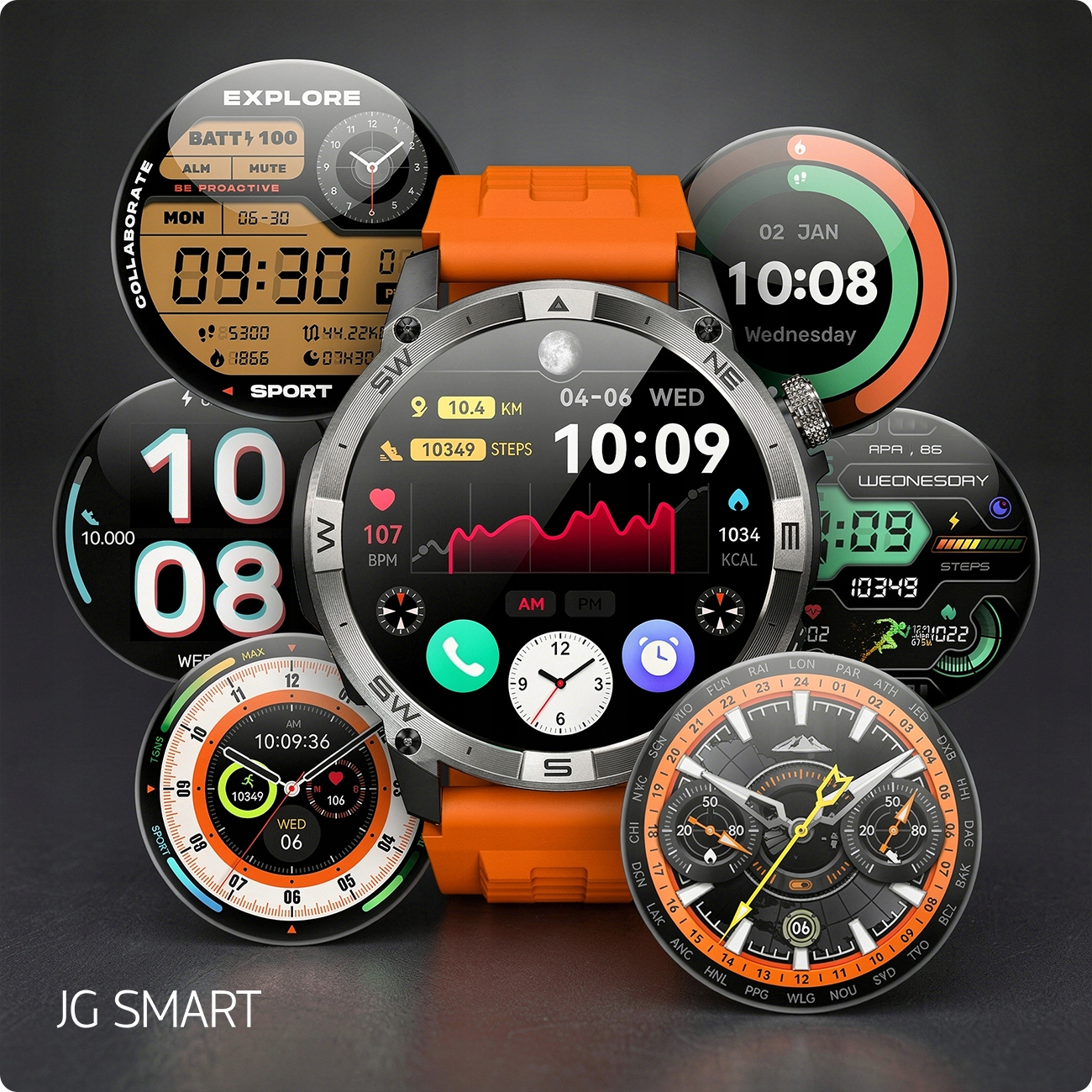 Pomarańczowy smartwatch na pierwszym planie otoczony kilkoma różnymi cyfrowymi tarczami.