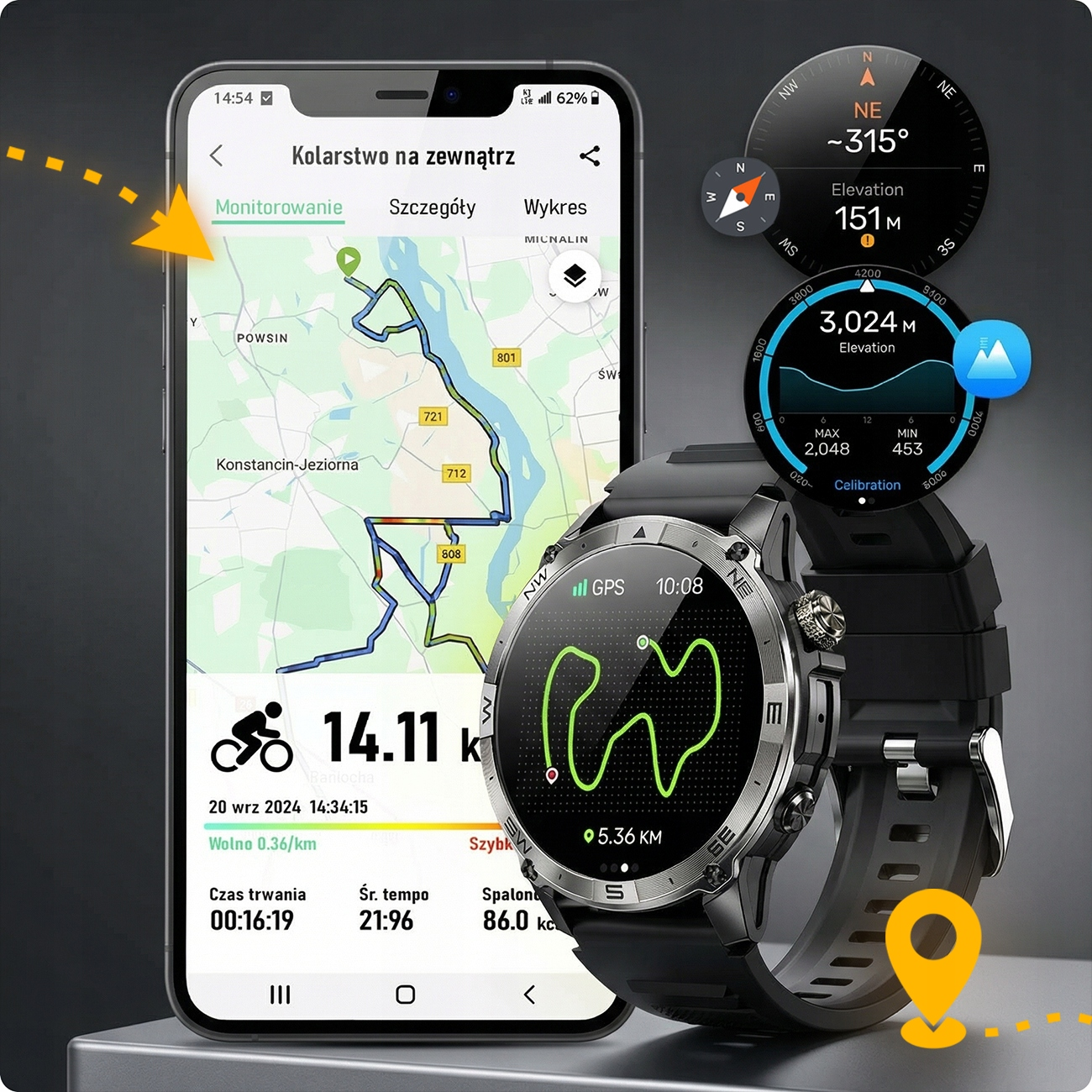 Smartfon i zegarek sportowy pokazują trasy GPS rowerowe oraz profil wysokości.