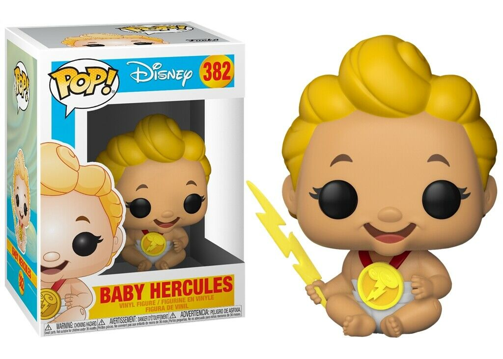 Baby Hercules Funko Pop Figur mit gelben Haaren, Blitz und Medaille, daneben die Originalverpackung.