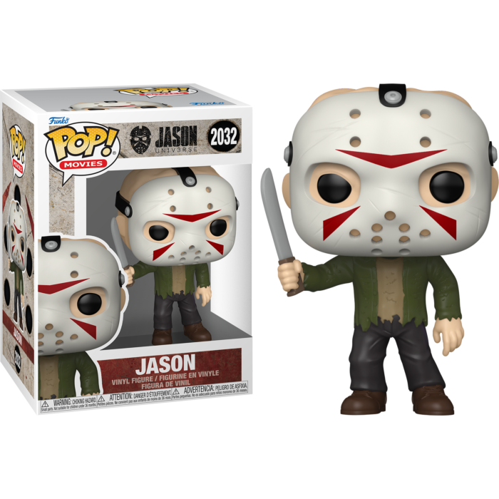 Figura Funko Pop de Jason Voorhees con máscara de jóckey y machete junto a su caja.