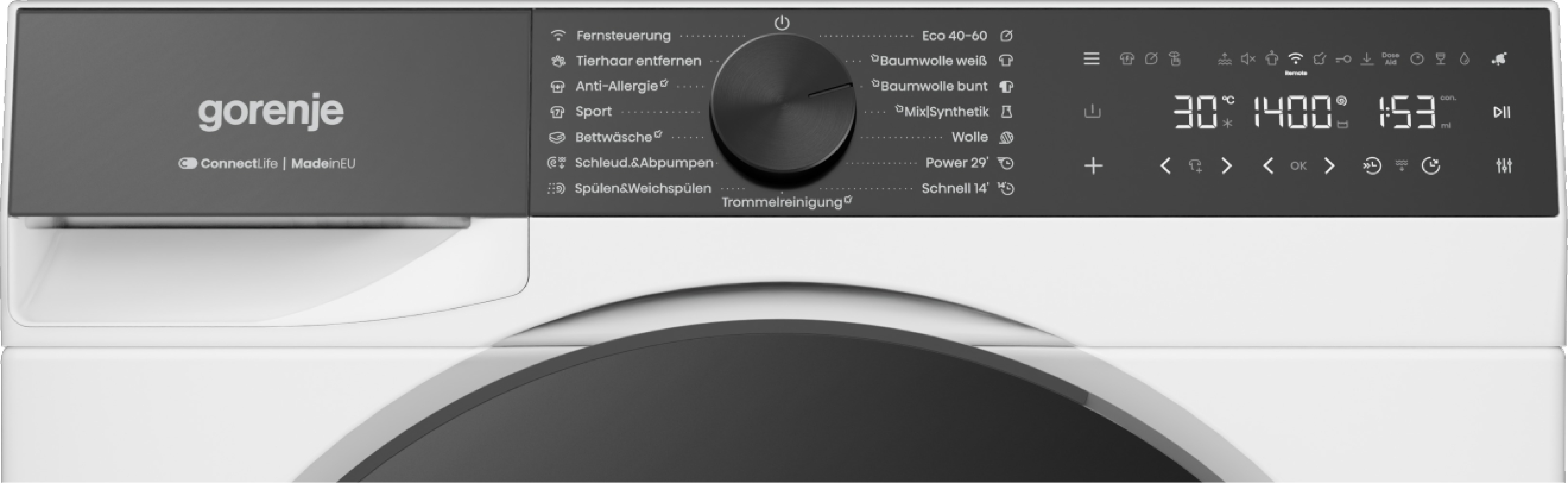 Bedienfeld einer weißen Gorenje Waschmaschine mit Drehknopf und digitalem Display.