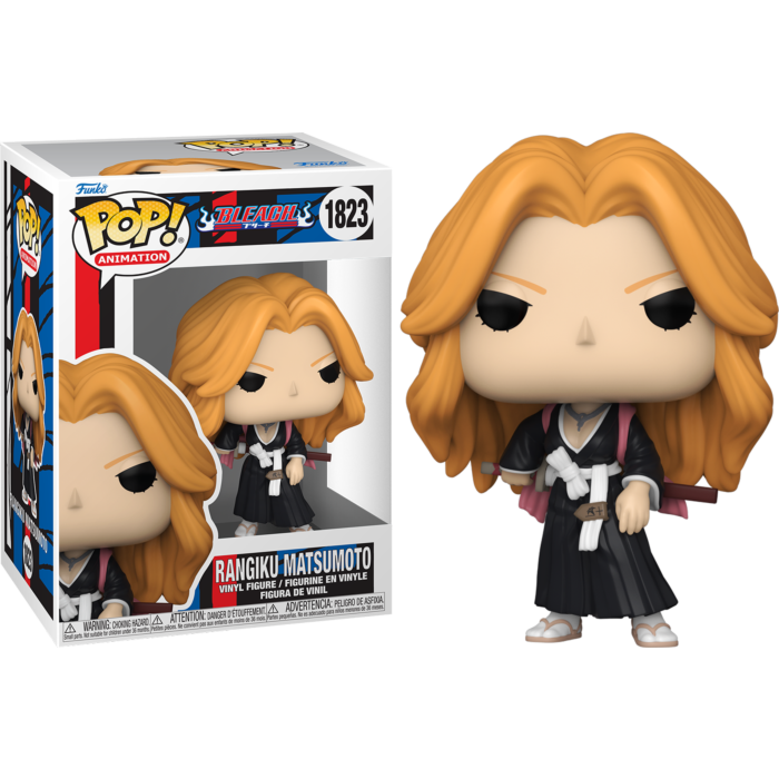 Figura Funko Pop de Rangiku Matsumoto con cabello rubio y túnica negra de Shinigami junto a su caja.