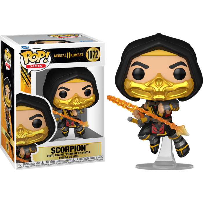 Figura Funko Pop de Scorpion de Mortal Kombat junto a su caja.