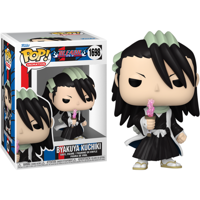Figura Pop de Byakuya Kuchiki de Bleach con caja, kimono negro y efecto de cristal rosa en la espada.