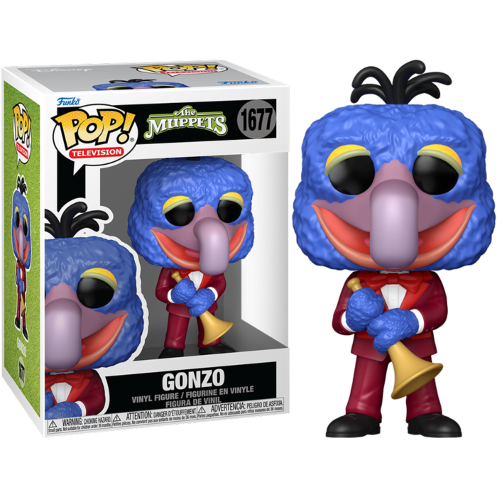 Figura de vinilo Funko Pop de Gonzo de Los Muppets con chaqueta roja sosteniendo una trompeta, junto a su caja.
