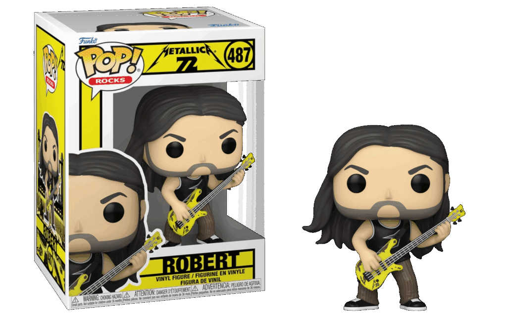 Figura de vinilo Funko Pop de Robert Trujillo con bajo, junto a su caja amarilla.