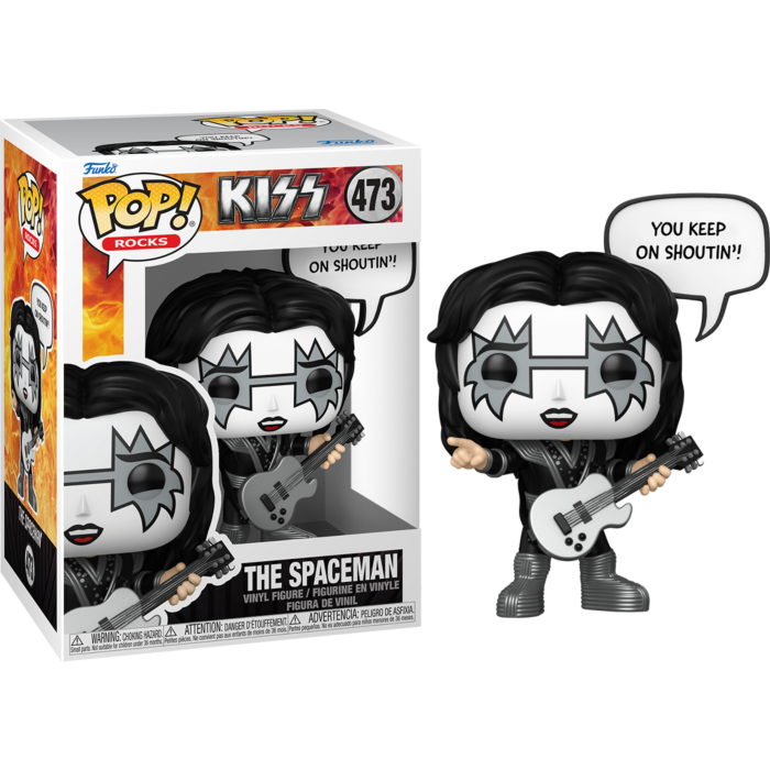 Funko Pop Vinylfigur "The Spaceman" von KISS mit Gitarre und Sprechblase.