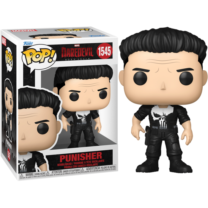 Figura Funko Pop de Punisher junto a su caja con la marca Daredevil.