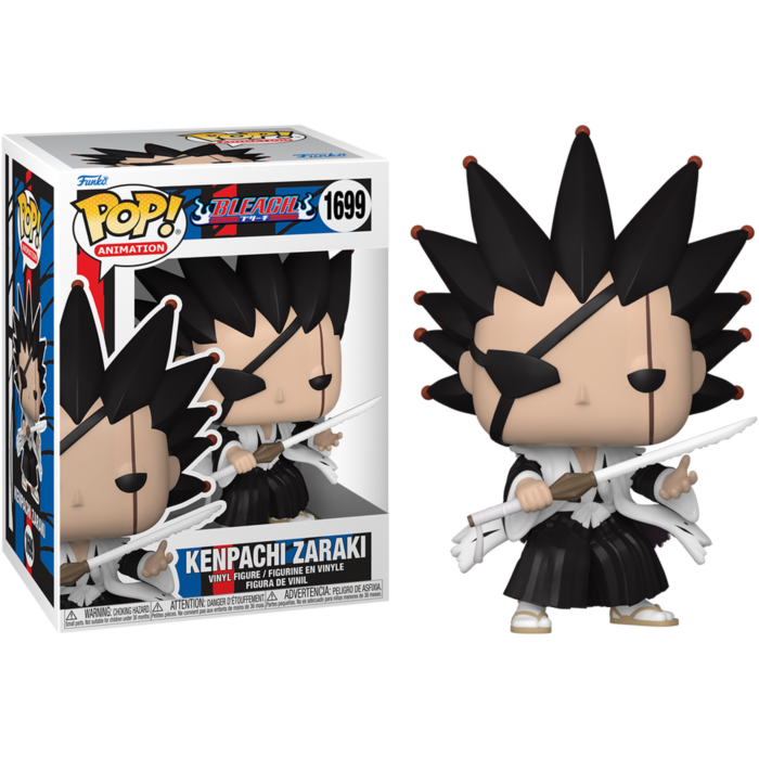 Figura de vinilo Funko Pop de Kenpachi Zaraki con parche y espada al lado de su caja.