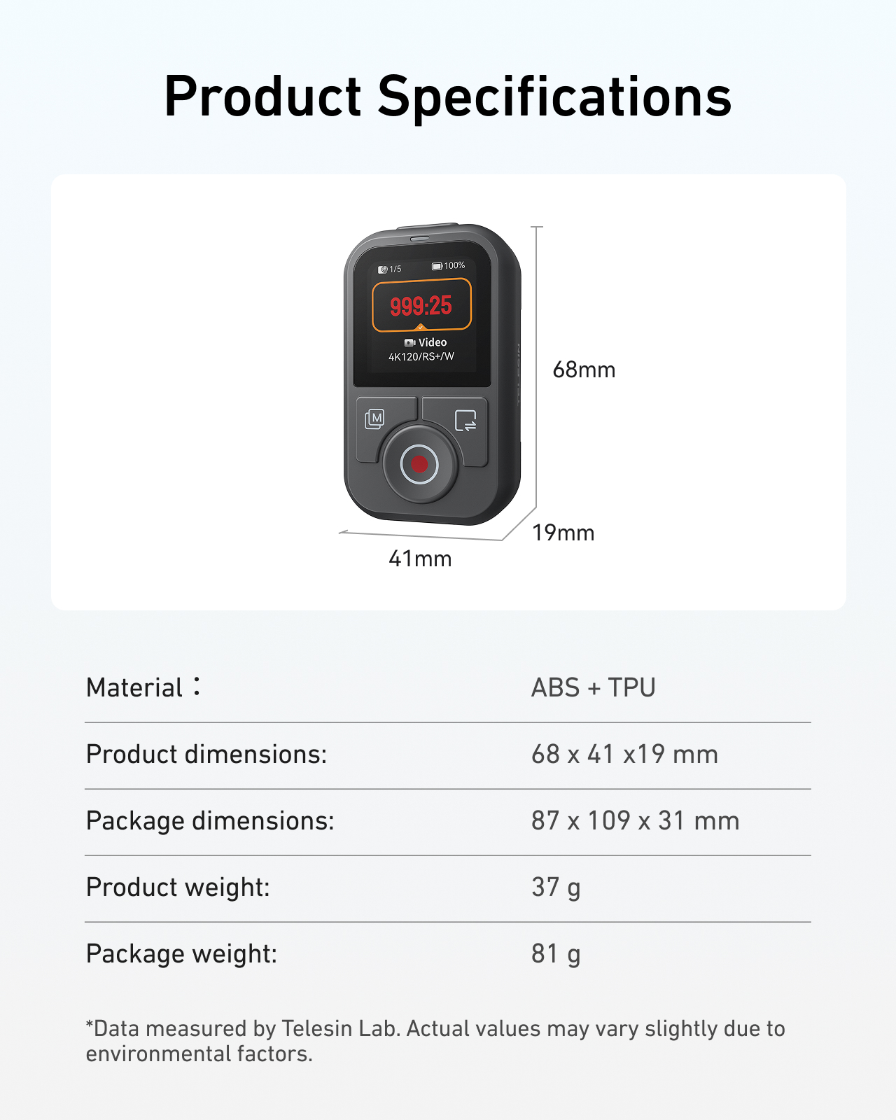 Productspecificaties met afmetingen en gewicht van een klein zwart apparaat.