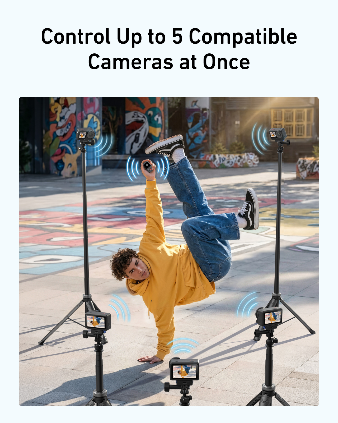 Een danser in een gele hoodie bedient tegelijkertijd vijf omringende camera's met een afstandsbediening.