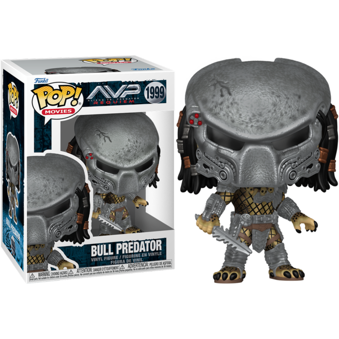 Figura de vinilo Funko Pop Bull Predator con máscara y hoja junto a su caja.