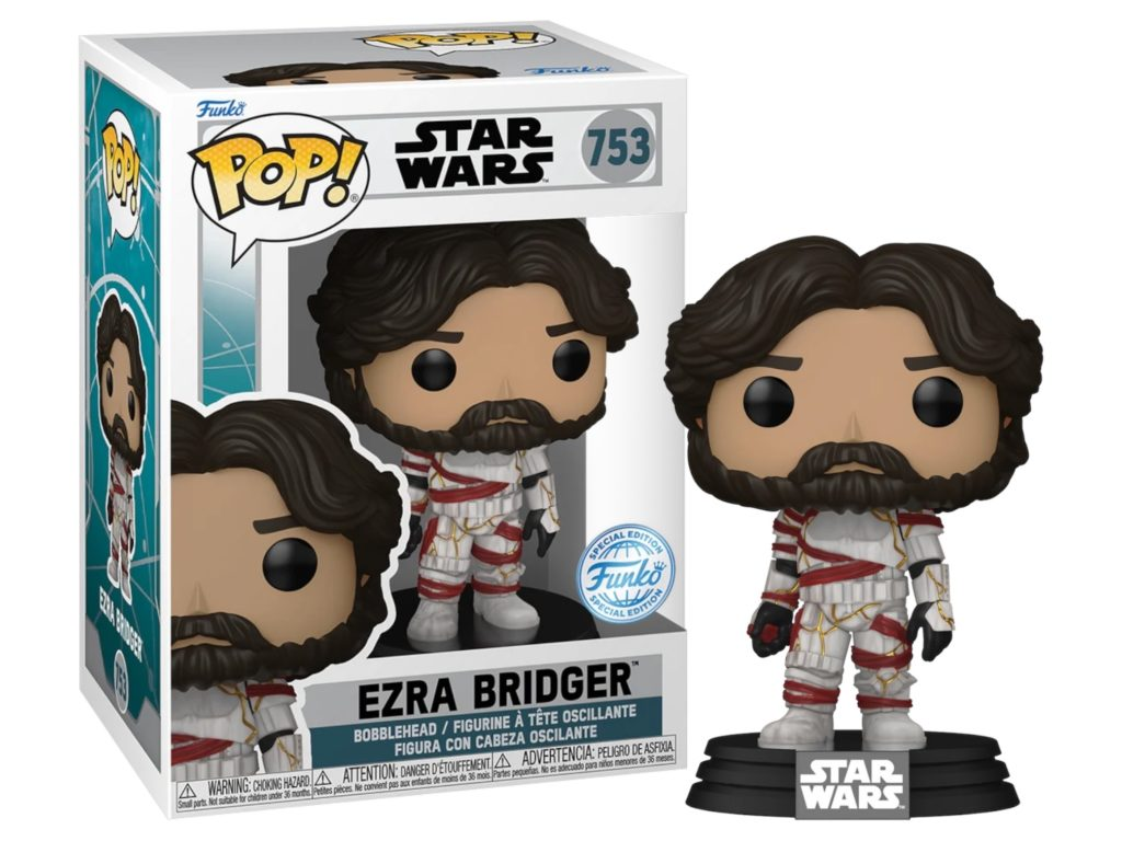 Figura de vinilo Funko Pop de Ezra Bridger con armadura blanca y roja y barba, junto a su caja.