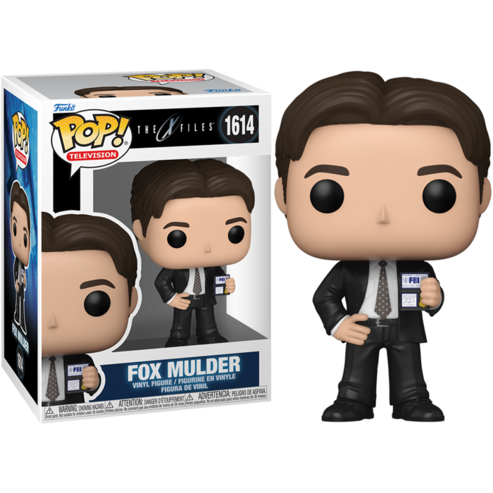 Fox Mulder Funko Pop Vinyl-Figur mit FBI-Ausweis, neben der beschrifteten Verpackung.