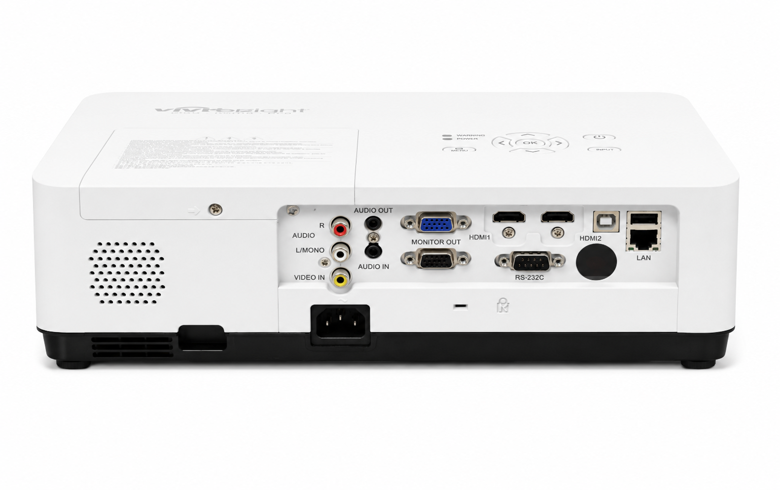 Rückseite eines weißen Projektors mit verschiedenen Anschlüssen wie HDMI, VGA, Audio und LAN.
