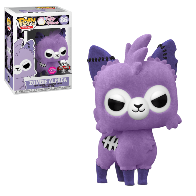 Eine flauschige, lila Zombie-Alpaka-Funko-Pop-Figur neben ihrer Verpackung auf schwarzem Hintergrund.