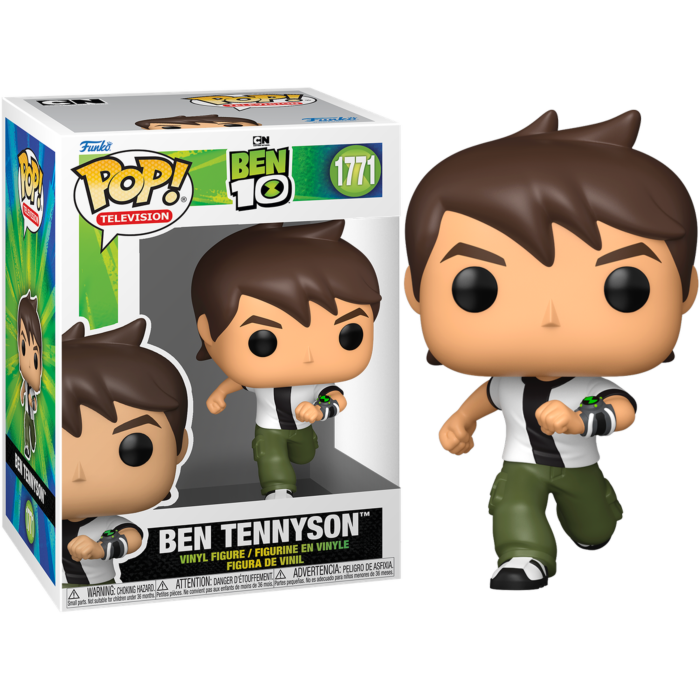 Ben Tennyson Funko Pop Figur mit Verpackung, trägt weißes Shirt, grüne Hose und die Omnitrix-Uhr.